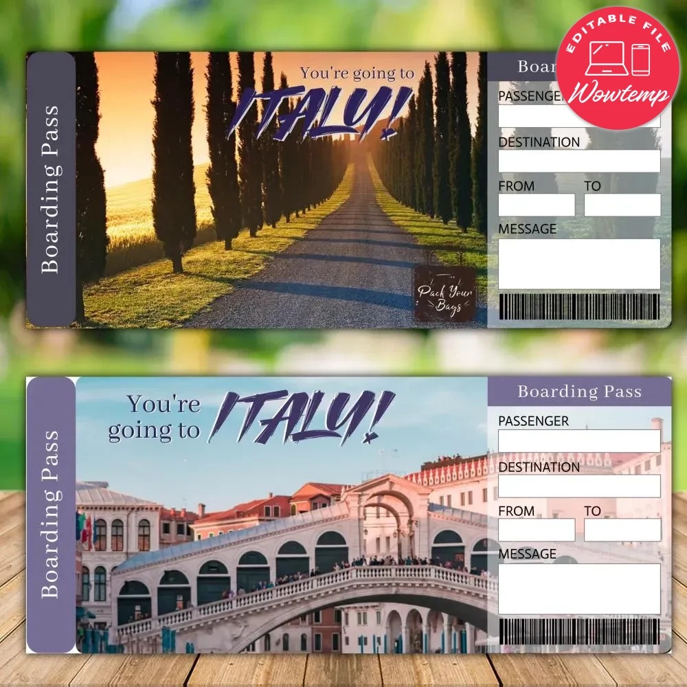 Editable ITALY Surprise Gift Ticket Instant Download Wowtemp