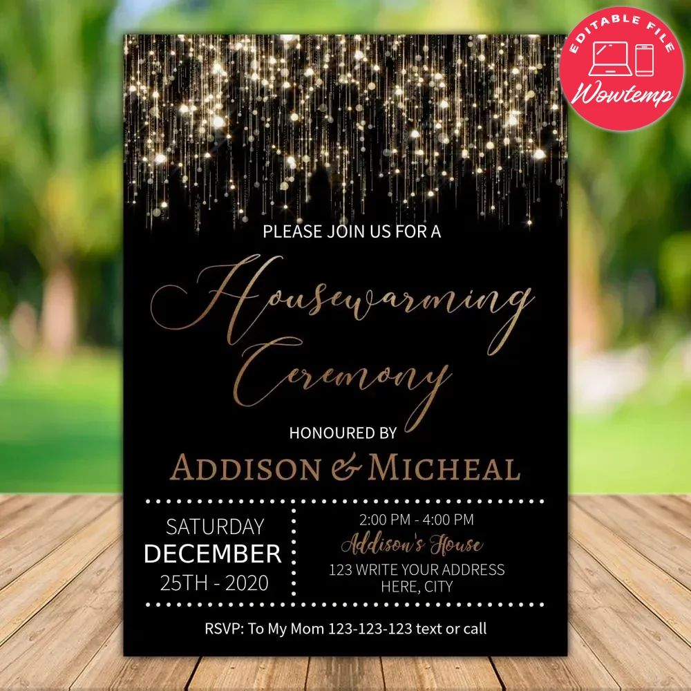 Printable Black and Gold Sparkle Glitter Housewarming Invites | Wowtemp