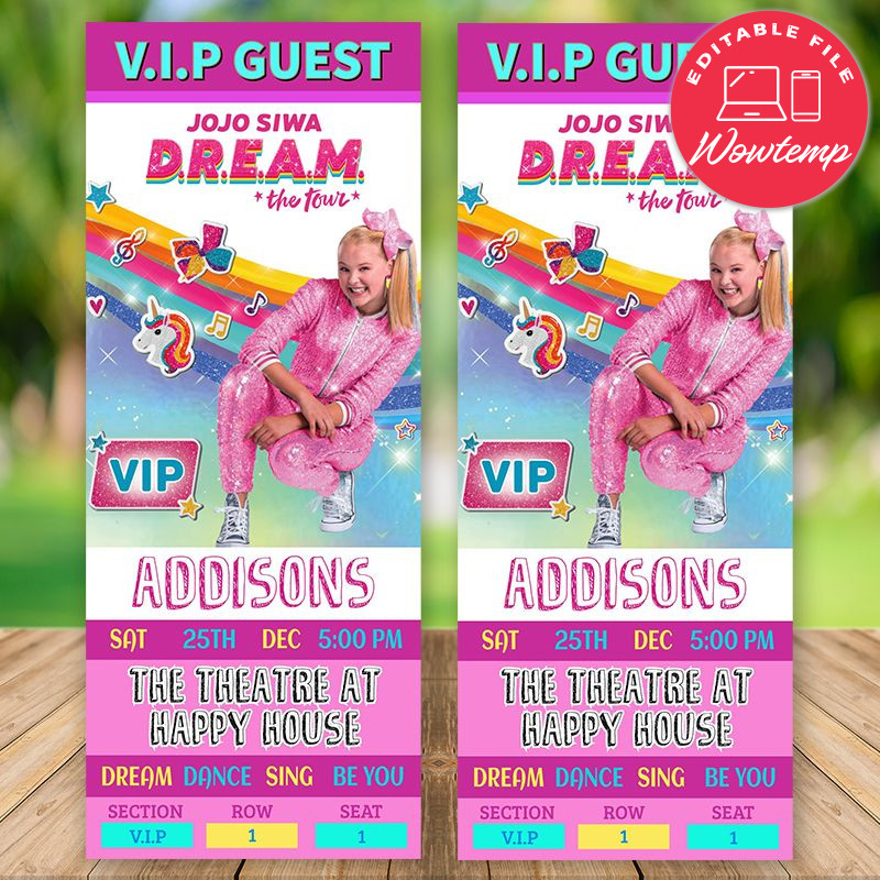 Editable Jojo Siwa Ticket Invites Instant Download | Wowtemp