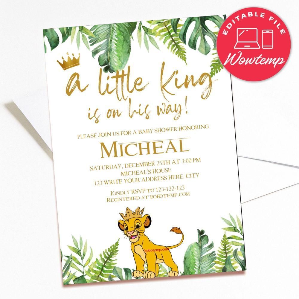 Printed - Editable Simba Lion King Baby Shower Invitation (envelopes included)