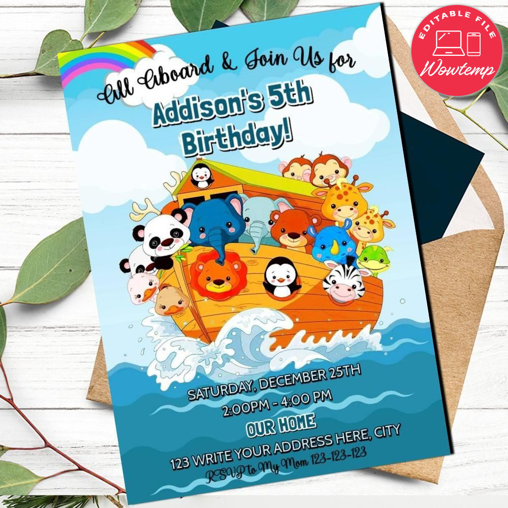 Noah's Ark Animal Birthday Flyer Template to print at home Instant Download