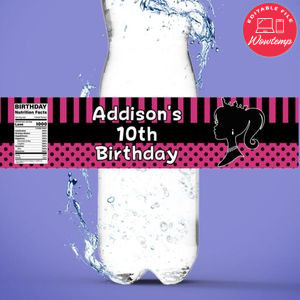 Barbie Birthday Water Bottle Label Template to Print at Home Instant Download