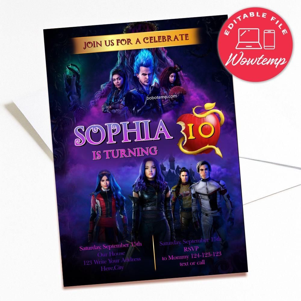 Printed - Disney Descendants Mal Evie Birthday Party Invitations and Free Thank You Card Printable (envelopes included)