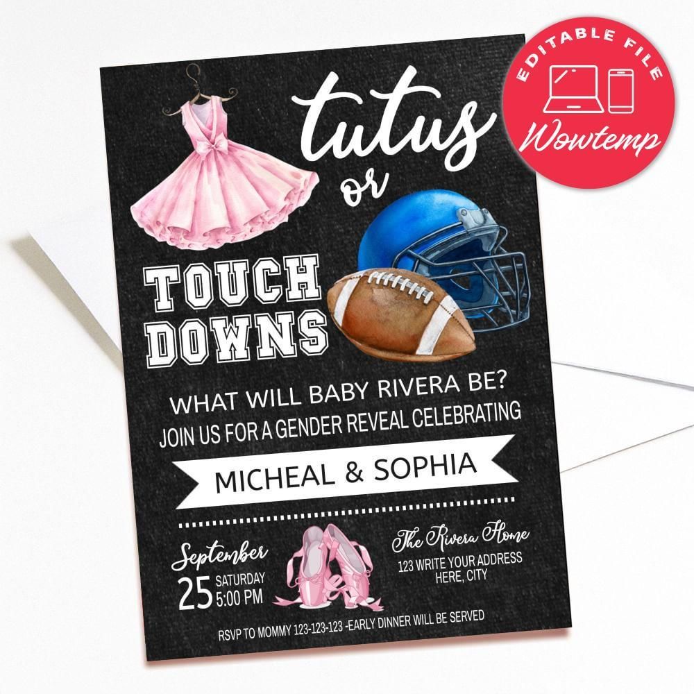 Printed - Tutus or Touchdowns Invite Gender Reveal Invitation Pink Blue Digital Chalkboard Party Baby Shower Football Ballet Boy or Girl (envelopes included)