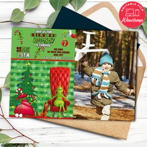 Grinch Themed Christmas Party Invitation Template with Photo to print at home Instant Download