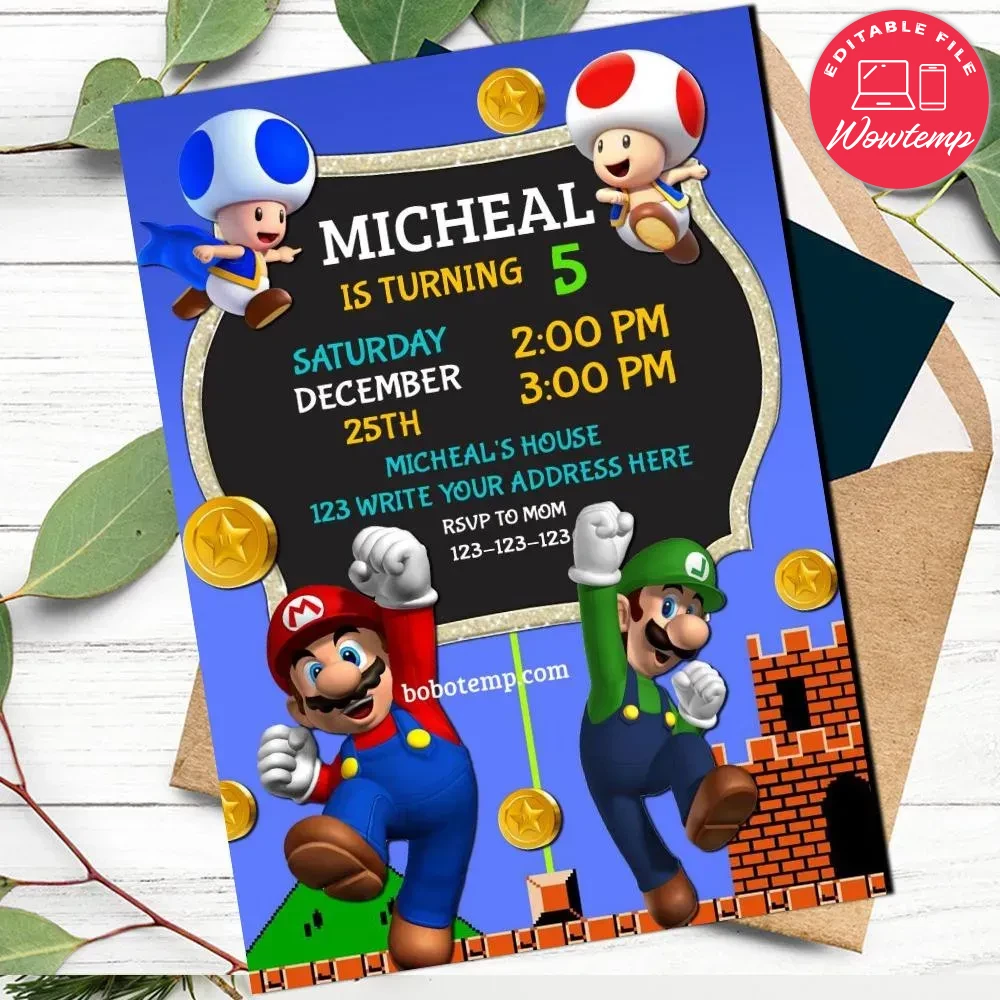 Mario bros invitation Customizable Template Instant Download Wowtemp