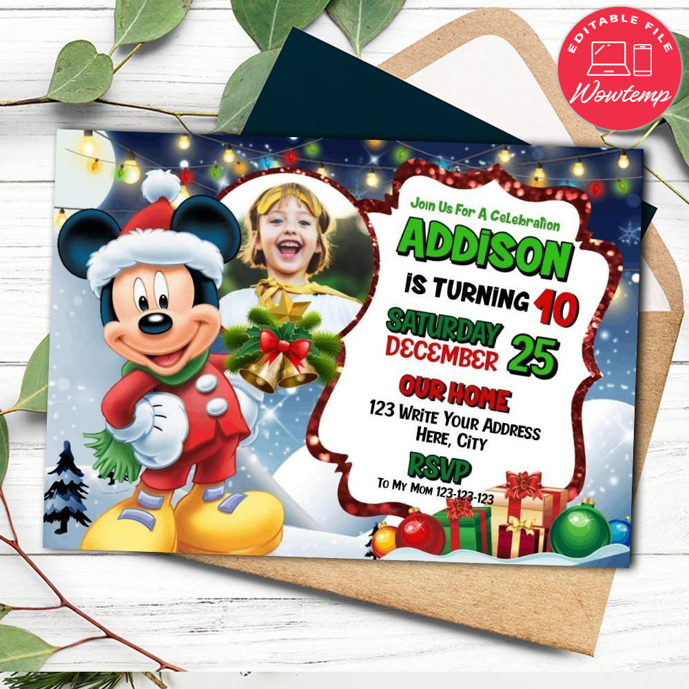Mickey Mouse Christmas Birthday Flyer Template to print at home Instant Download