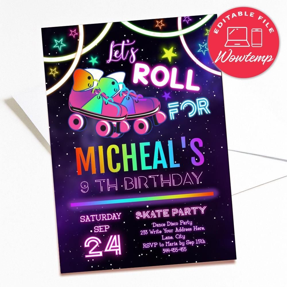 Printed - Roller Skating Birthday Invitation, Let's Roll Roller Skate Party (envelopes included)