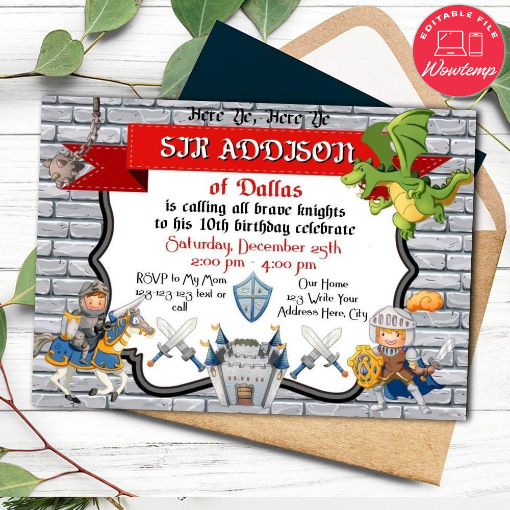 Knights and dragons Birthday Flyer Template to Print at Home Instant Download