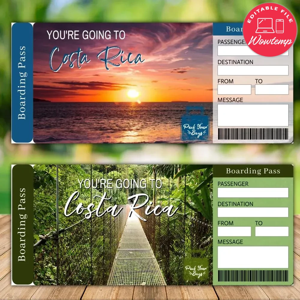 Editable COSTA RICA Surprise Gift Ticket Instant Download | Wowtemp