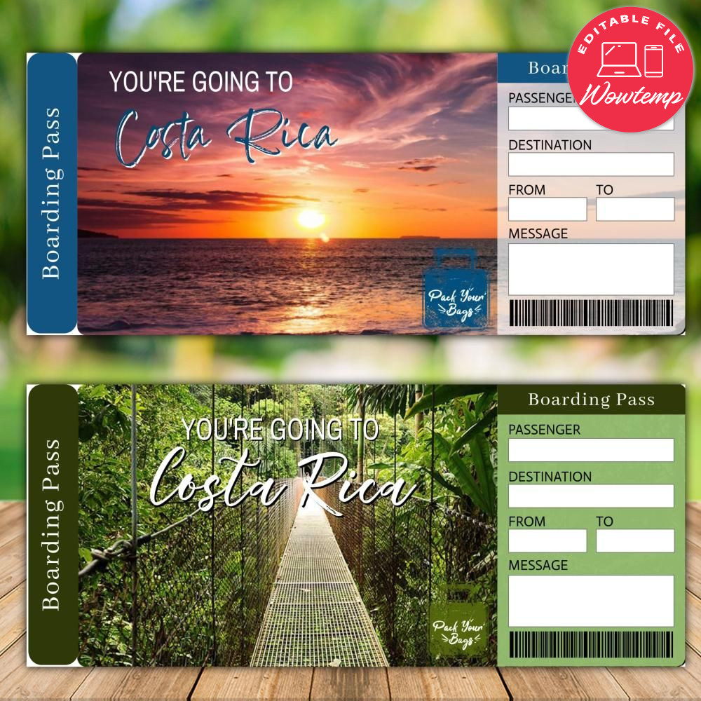 Editable COSTA RICA Surprise Gift Ticket Instant Download | Wowtemp