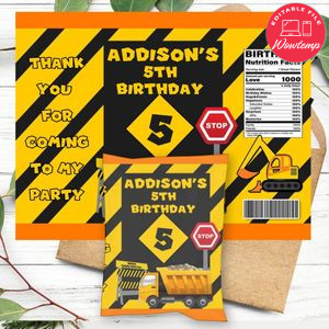 Dump truck Birthday Chip Bag Digital File Printable Instant Download