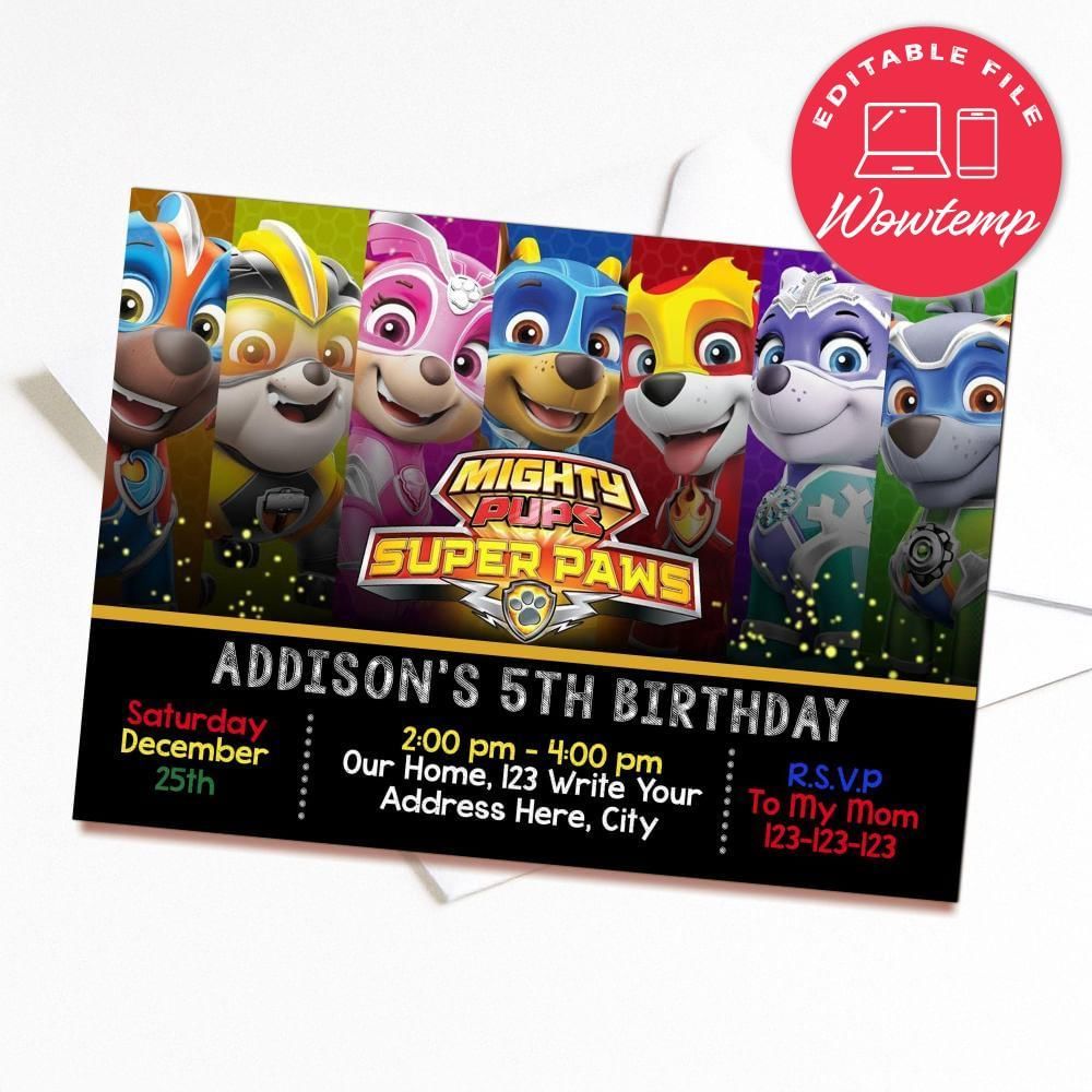 Printed - Editable Mighty Pups Paw Patrol Birthday Invitations and Free Thank You Card (envelopes included)