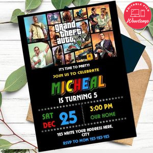 Grand theft auto 5 Invitation Template to Print at Home Instant Download