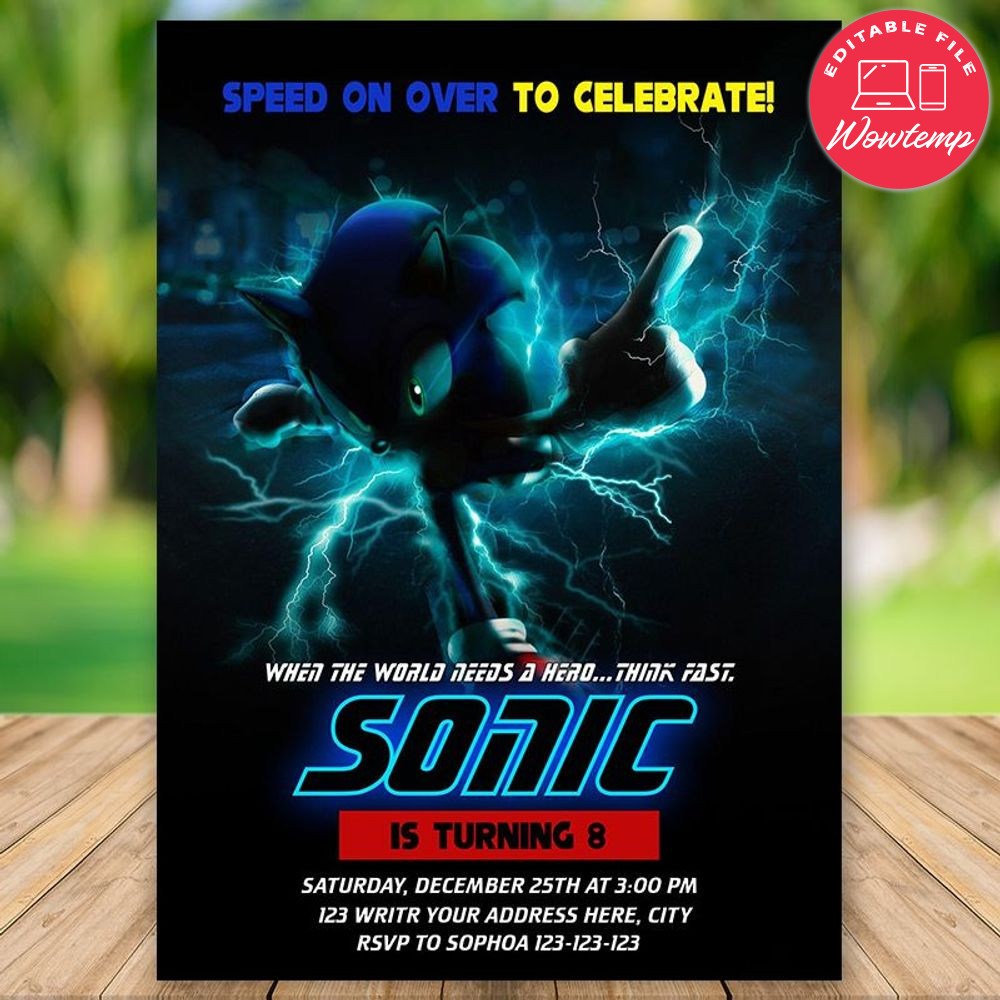 Printed - Editable Speed On Over Sonic Invitation (envelopes included)