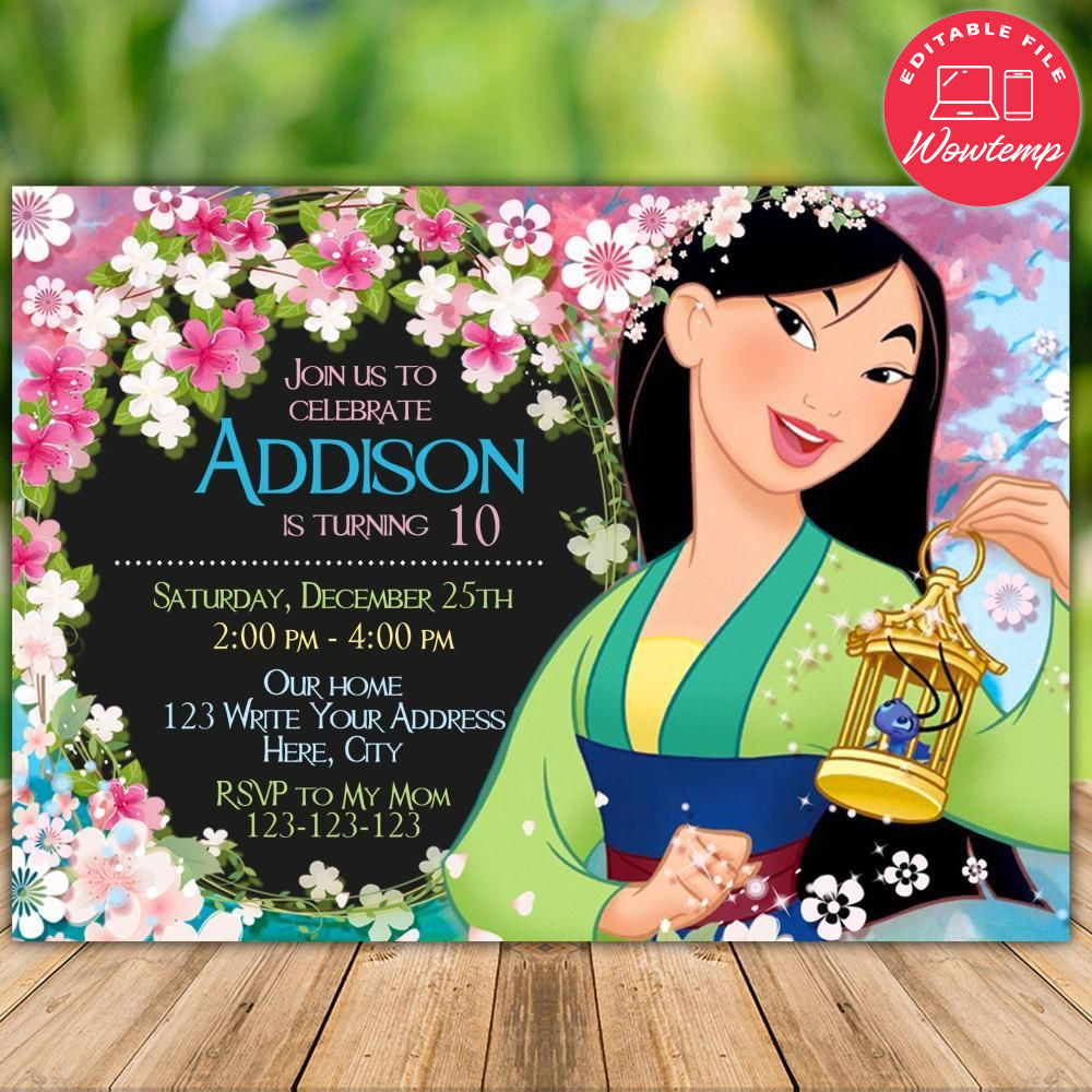 Printable Disney Princess Mulan Birthday Flyer Templates Instant Download
