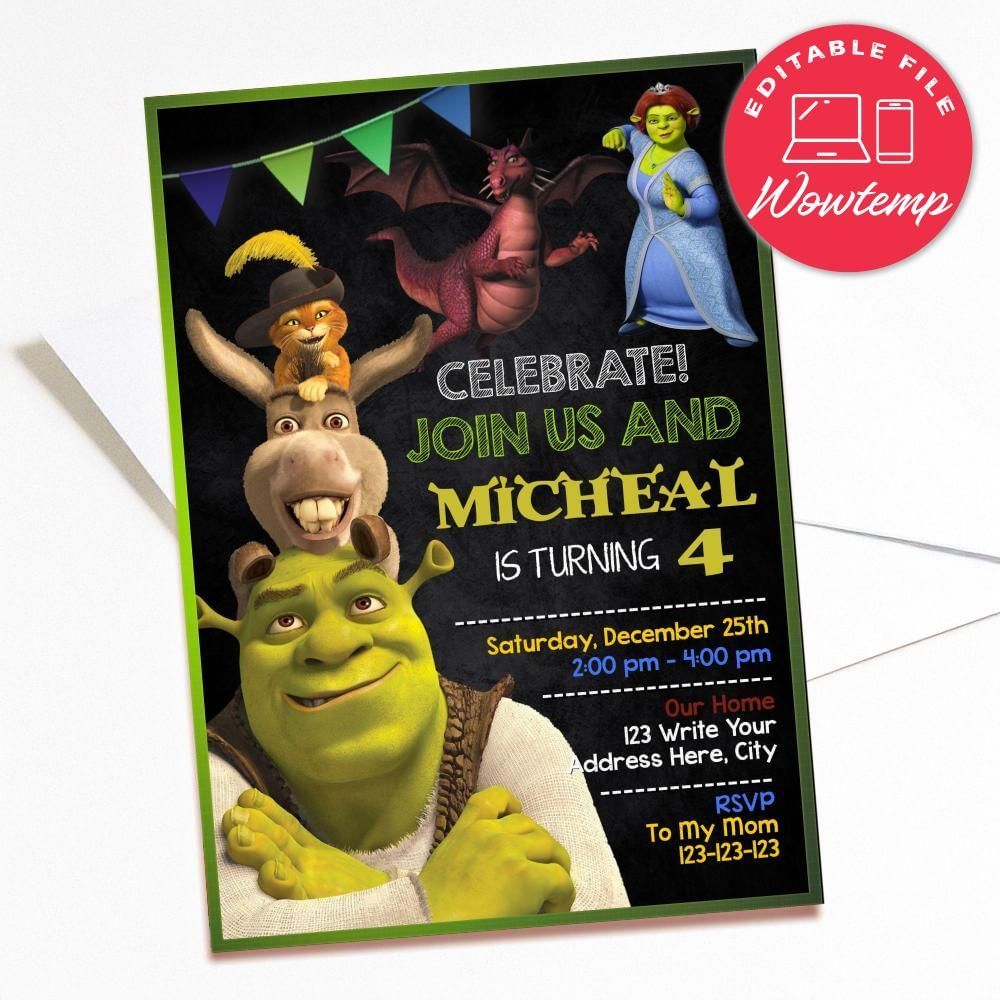 Printed - Editable Shrek Party Invitation and Free Thank You Card (envelopes included)