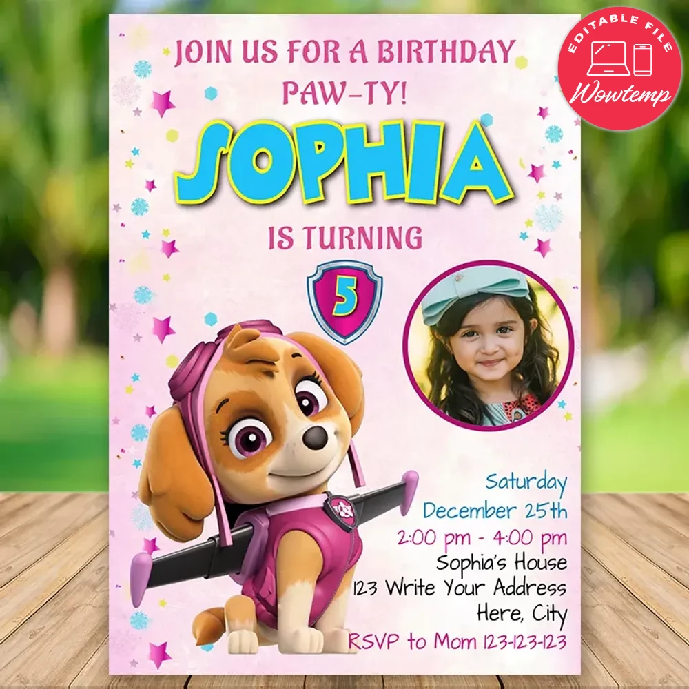 Editable Paw Patrol Pink For Girl Invitations With Photo DIY | Wowtemp