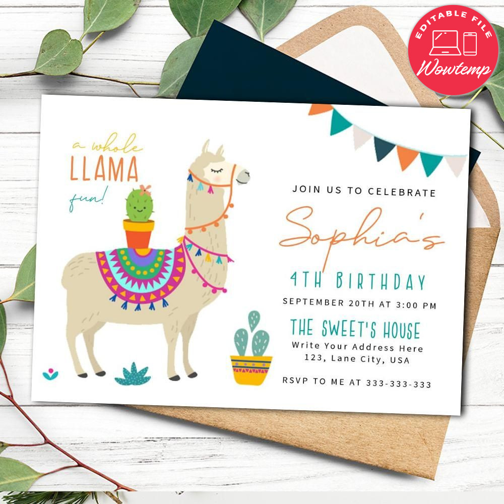Editable Llama Party Invitation Instant Download | Wowtemp