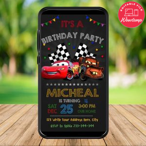 Mobile MCqueen Disney Car Birthday Electronic Invite Invitation Instant Download