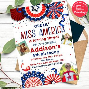 4th Of July Boy Photo Birthday Invitation Template to Print at Home Instant Download