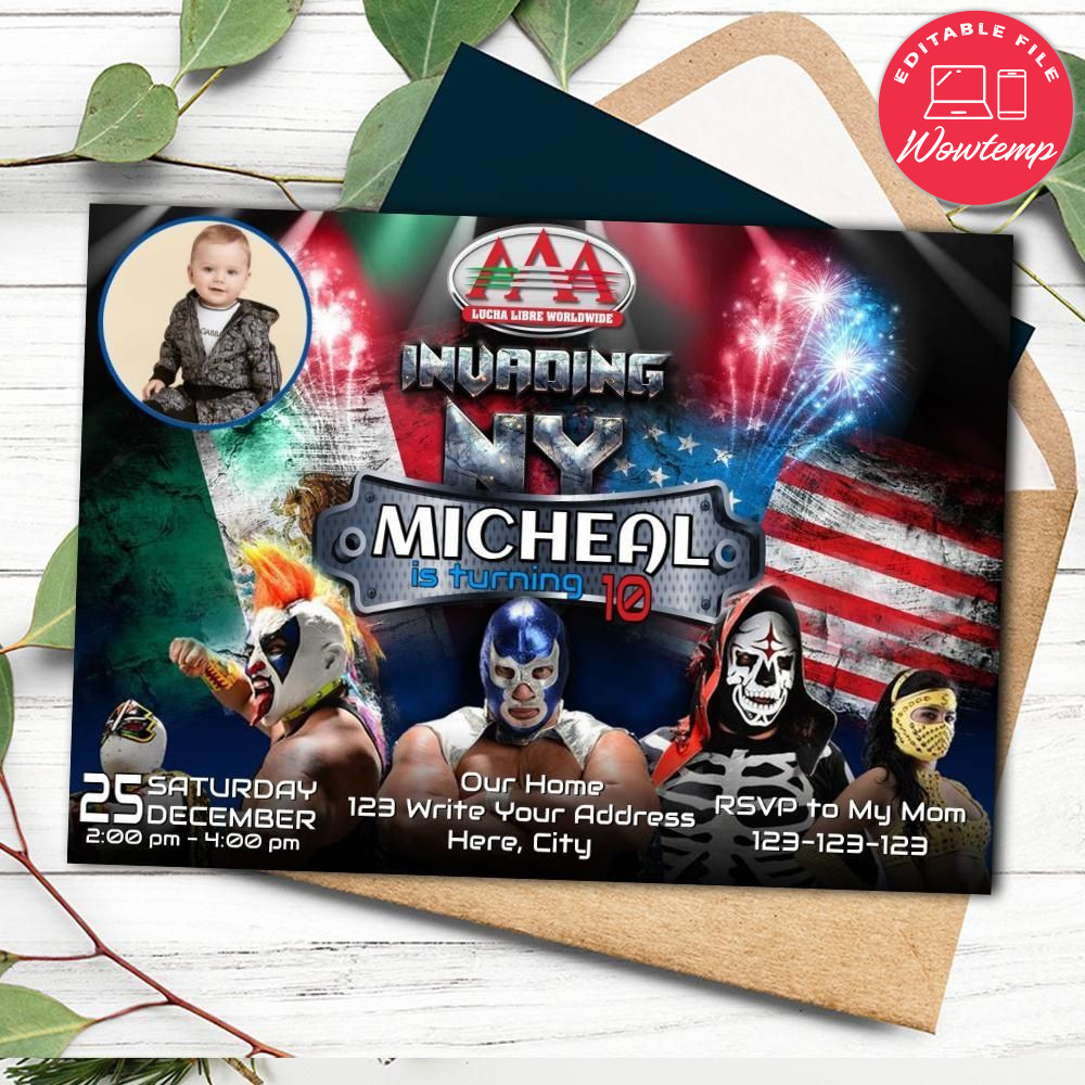 Printed - Editable Triple AAA Wrestling Invitation With Photo (envelopes included)