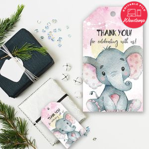 Printable Girl Elephant Birthday Party Gift Tag Instant Download