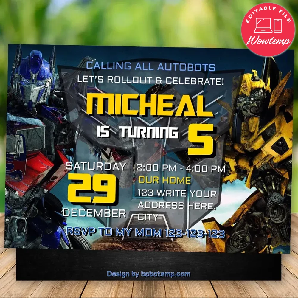 Editable Transformers Bumblebee And Optimus Prime Invitations DIY | Wowtemp