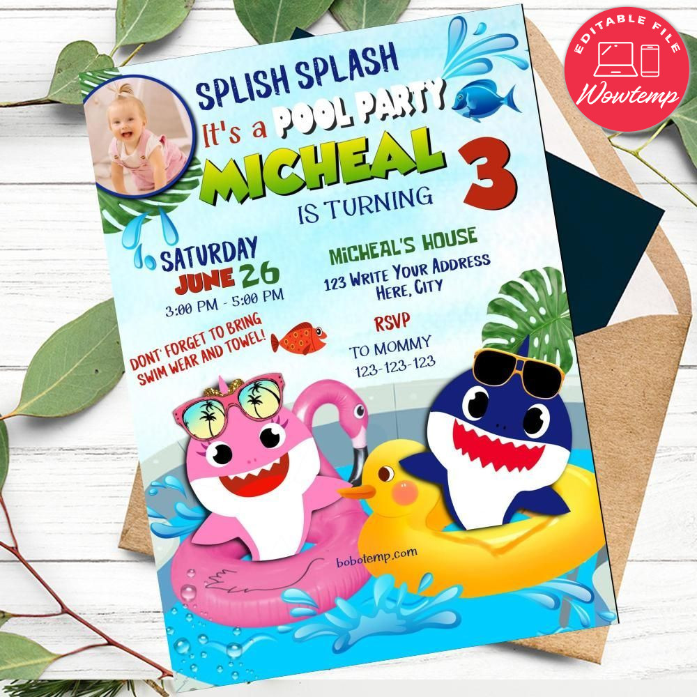 Printed - Editable Baby Shark Pool Party Invitation With Photo (envelopes included)