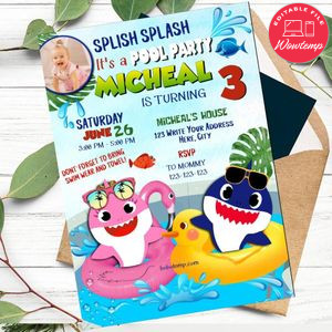 Editable Baby Shark Pool Party Invitation With Photo Instant Download