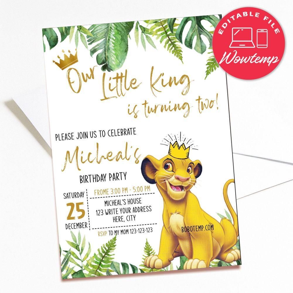 Printed - Editable Simba Lion King Party Invite (envelopes included)