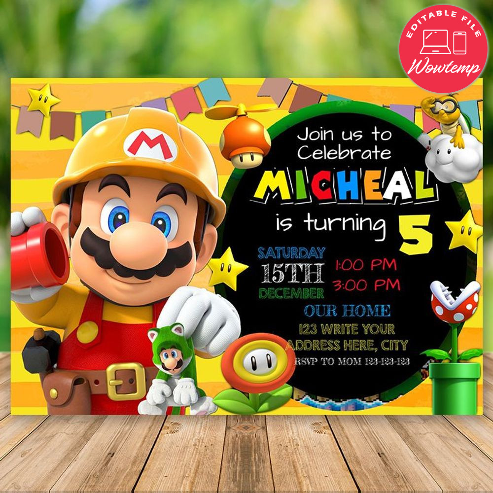 Editable Mario Maker Birthday Invitation and Free Thank You Card Instant Download