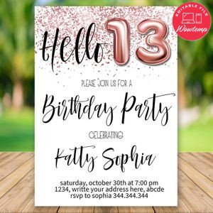 Editable Glitter Thirteenth Birthday Invitation Instant Download