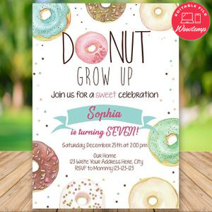 Printable Donut Grow Up 7th Birthday Invitation Instant Download