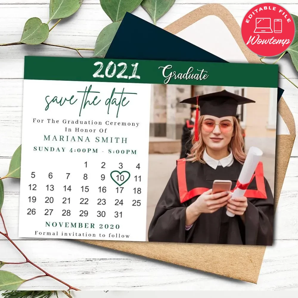 Green Graduation Save The Date Calendar Customizable Template DIY | Wowtemp