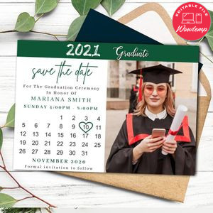 Green Graduation Save The Date Calendar Customizable Template Instant Download
