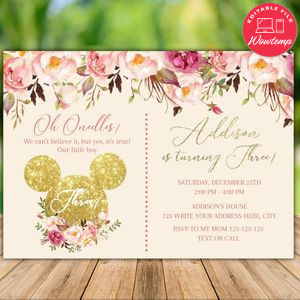 Printable Mickey Mouse Pink Gold Glitter 3rd Birthday Invitation Instant Download