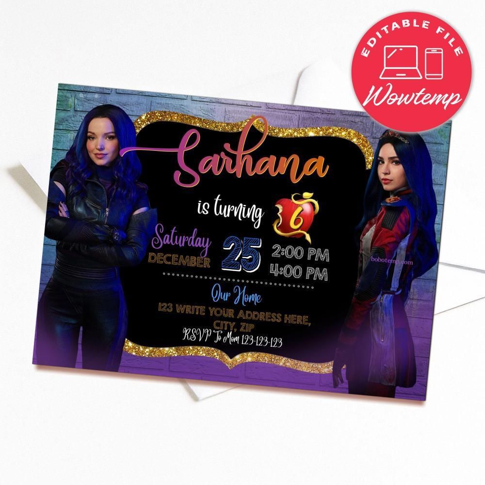 Printed - Editable Girl Descendants 3 Birthday Party Invitation and Free Thank You Card (envelopes included)