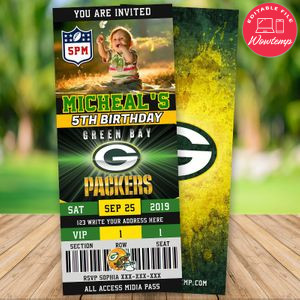 Editable Green Bay Packers Football Sports With Photo Party Invitations Digital File