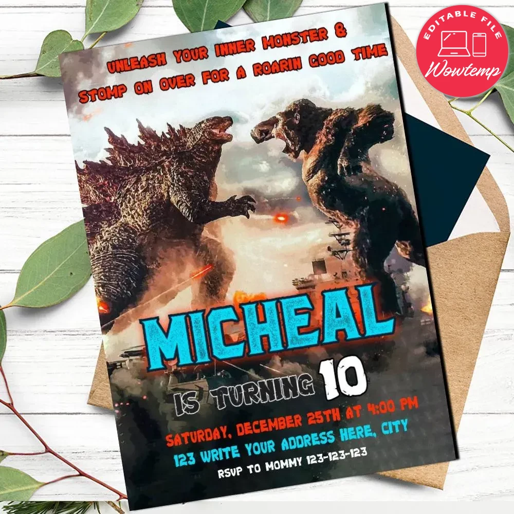 Godzilla vs kong Invitation Template to print at home DIY | Wowtemp