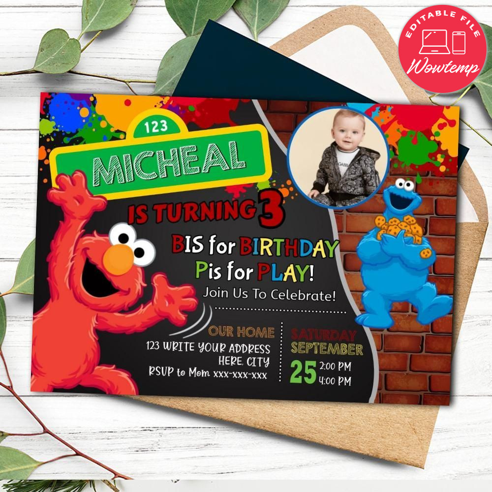 Printed - Editable Cookie Monster Birthday Invitation With Photo (envelopes included)