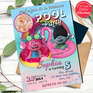 Editable Trolls Pool Party Birthday Flyer With Photo Instant Download