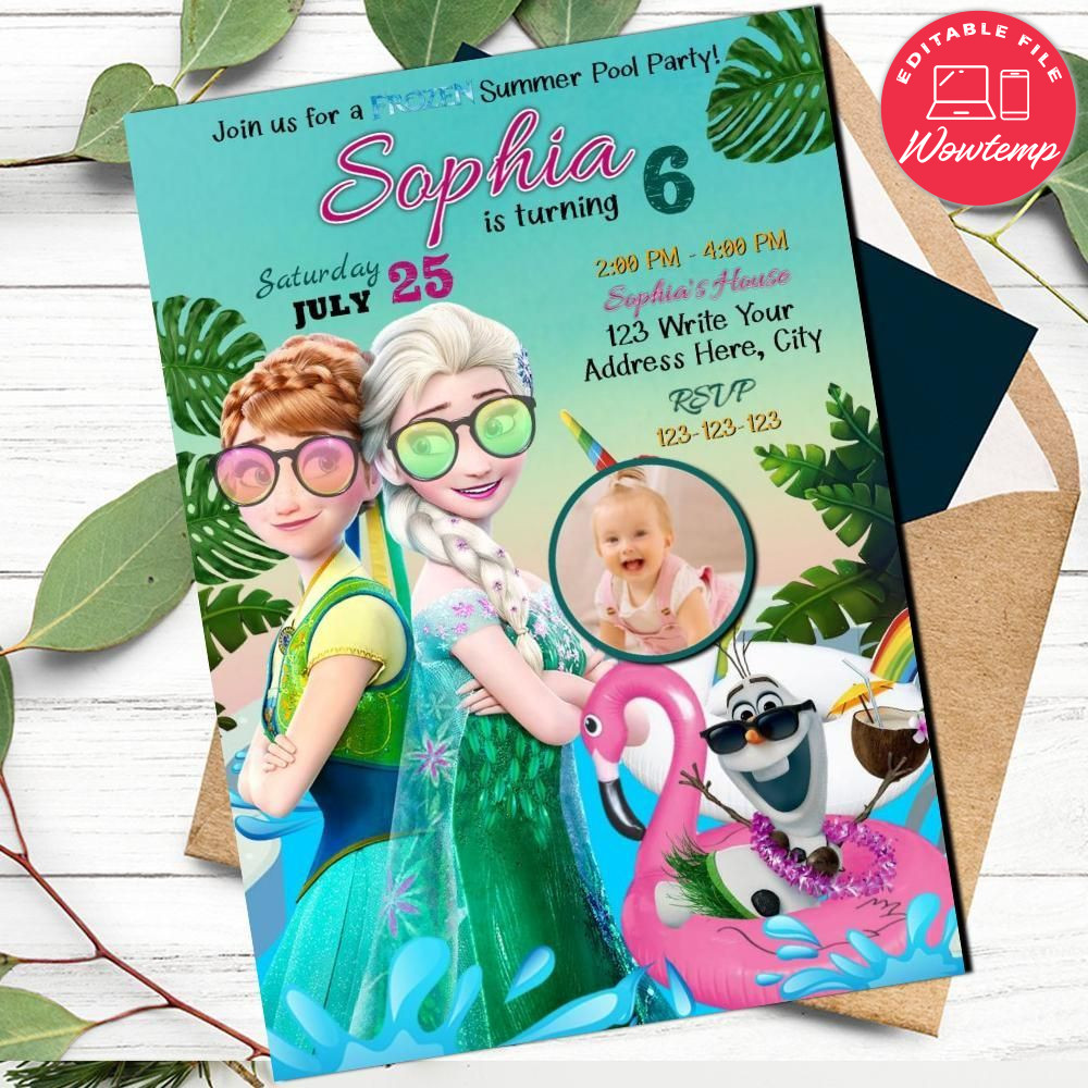 Printed - Editable Frozen Summer Pool Party Invitation With Photo (envelopes included)