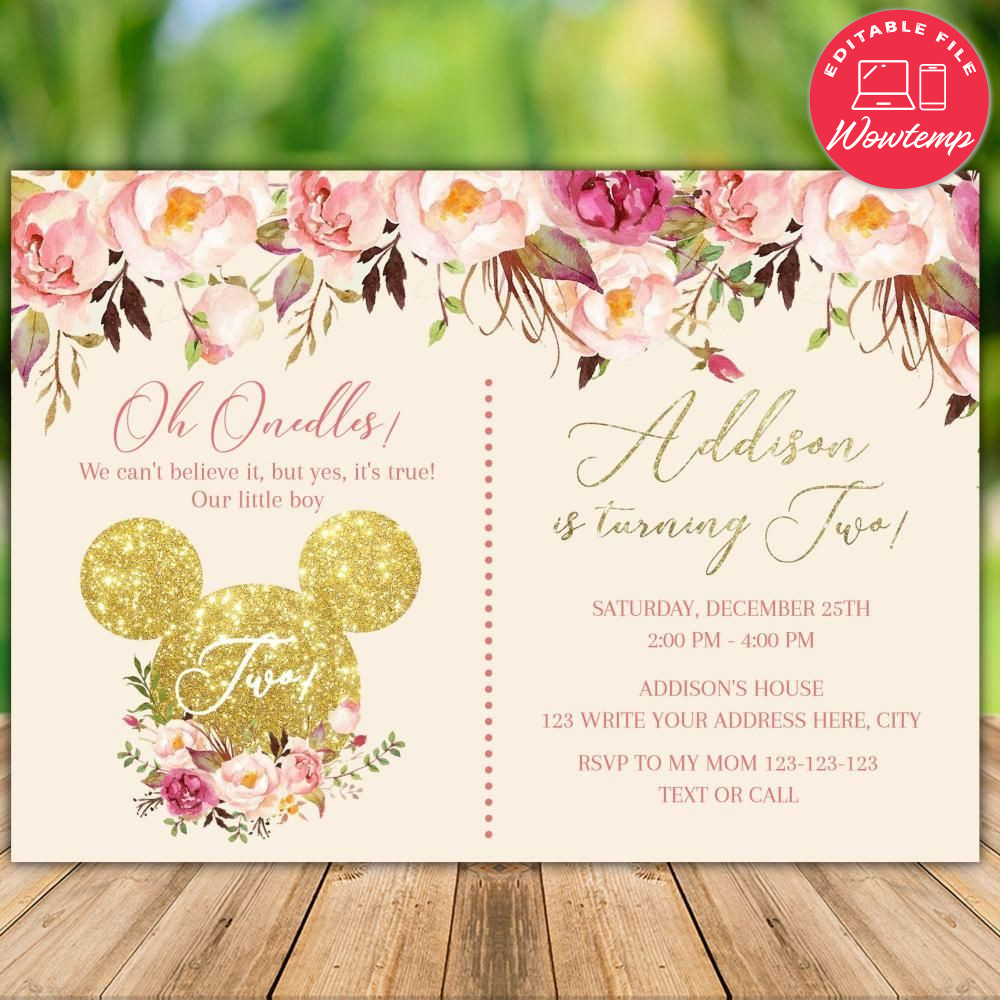 Printable Mickey Mouse Pink Gold Glitter 2nd Birthday Flyer Instant Download