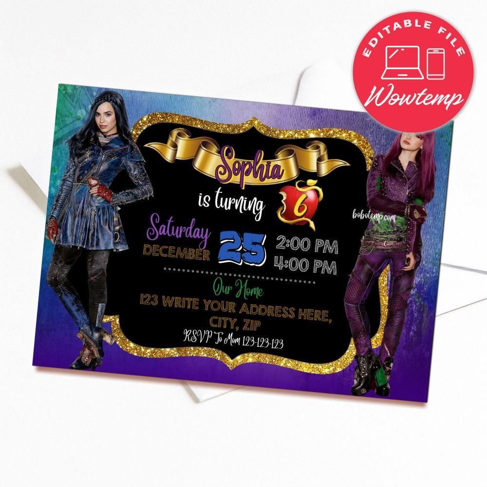 Printed - Editable Girl Descendants Birthday Party Invitation and Free Thank You Card (envelopes included)