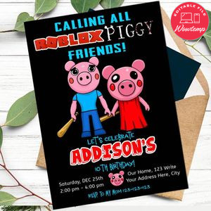 Roblox Piggy Birthday Invitation Template to print at home Instant Download