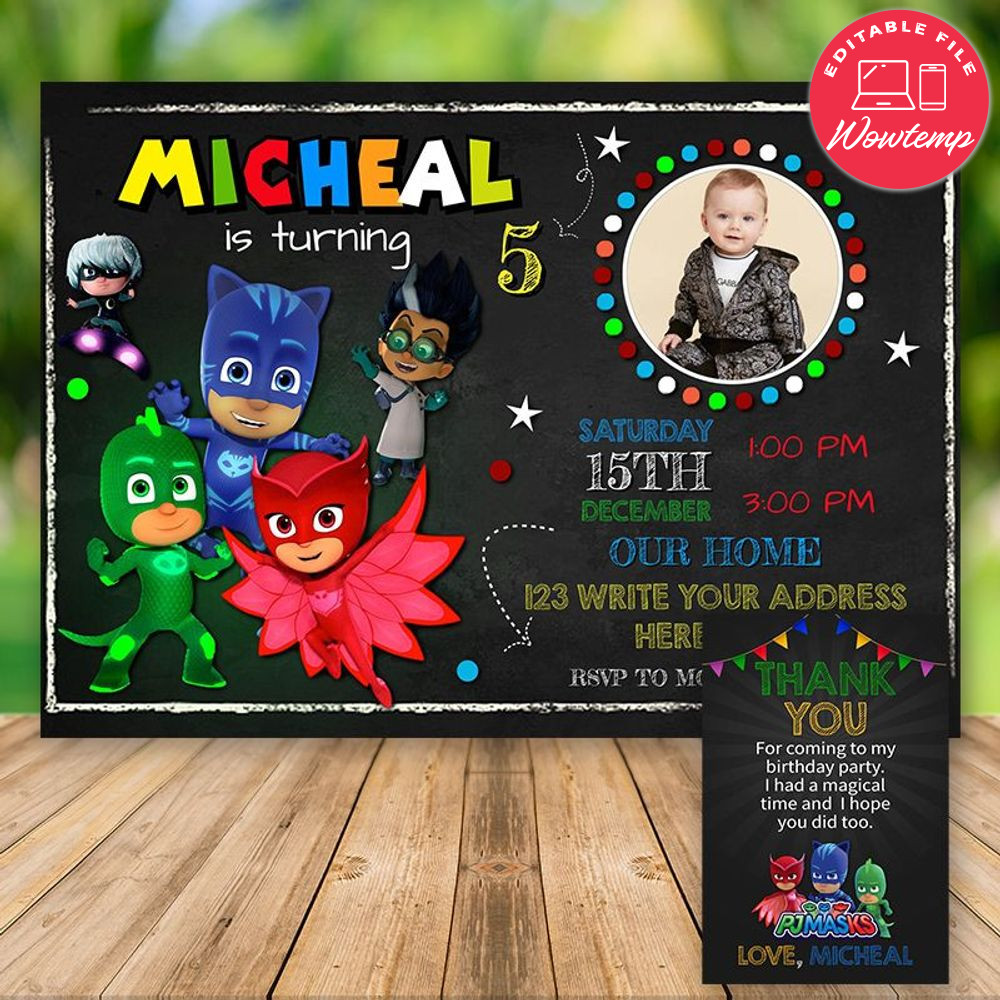 Printed - Editable Pj Mask With Photo Invitation (envelopes included)