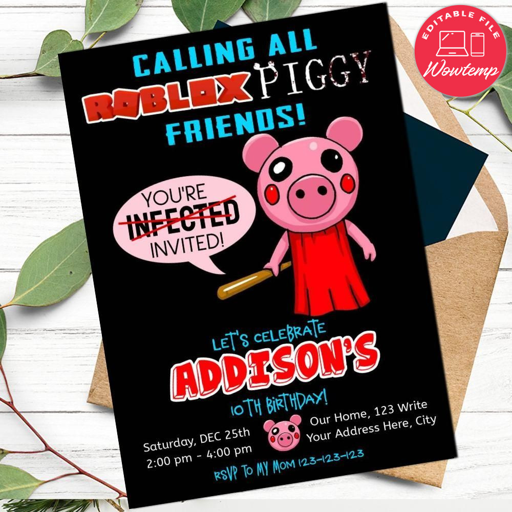 Piggy Roblox Game Birthday Flyer Template to print at home Instant Download