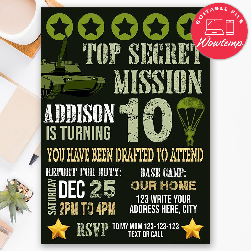 Printable Army Birthday Invitation Templates Instant Download | Wowtemp