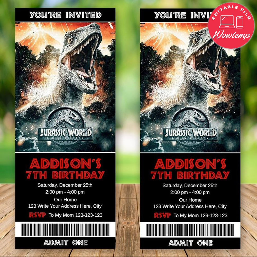 Editable Fallen Kingdom Birthday Ticket Invites Instant Download